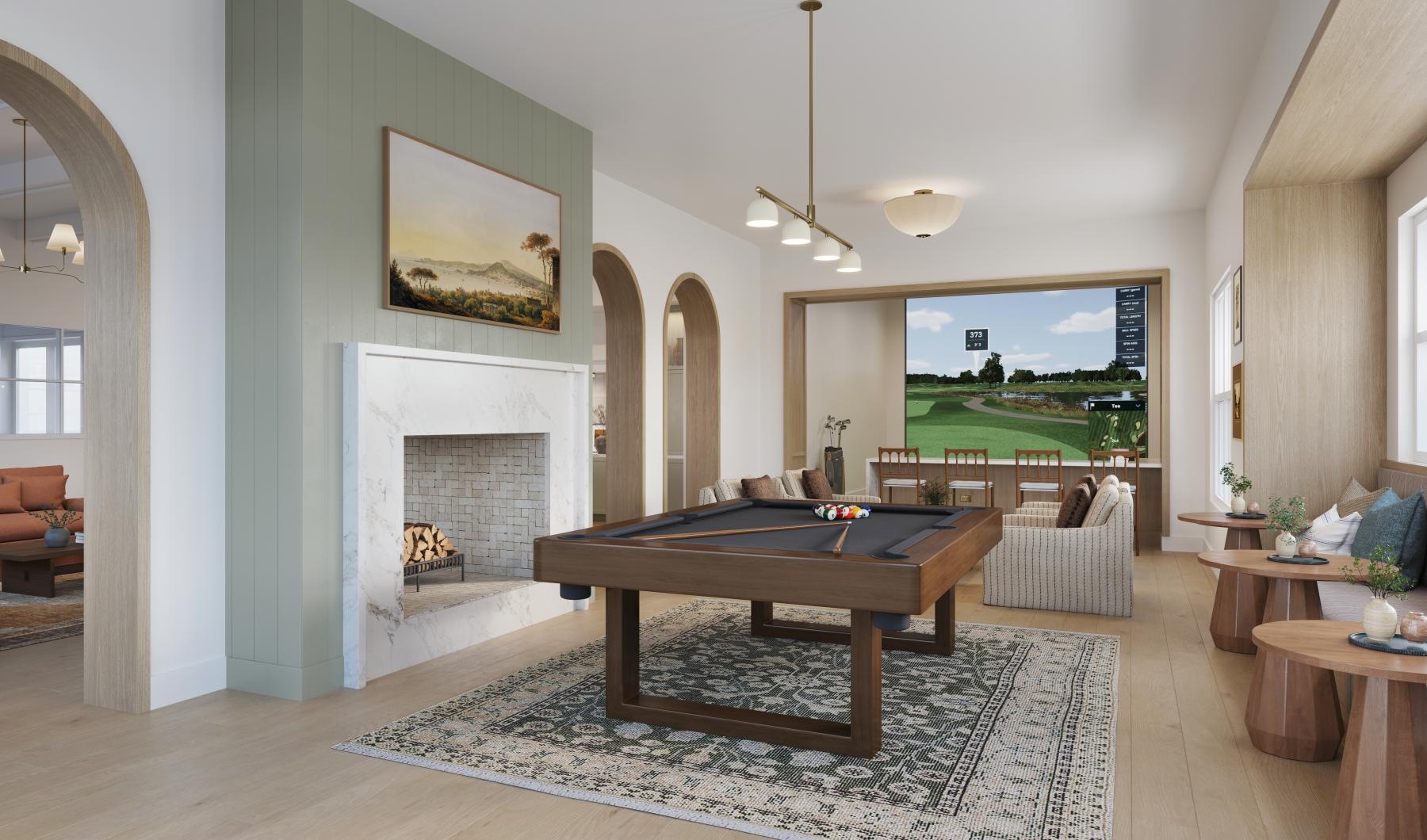 a clubroom with a pool table, tables and chairs