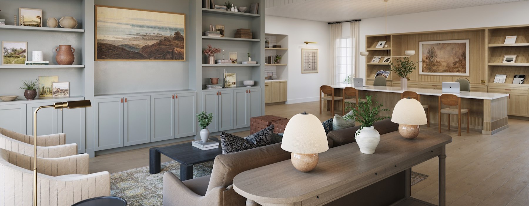 a clubroom with tables and chairs