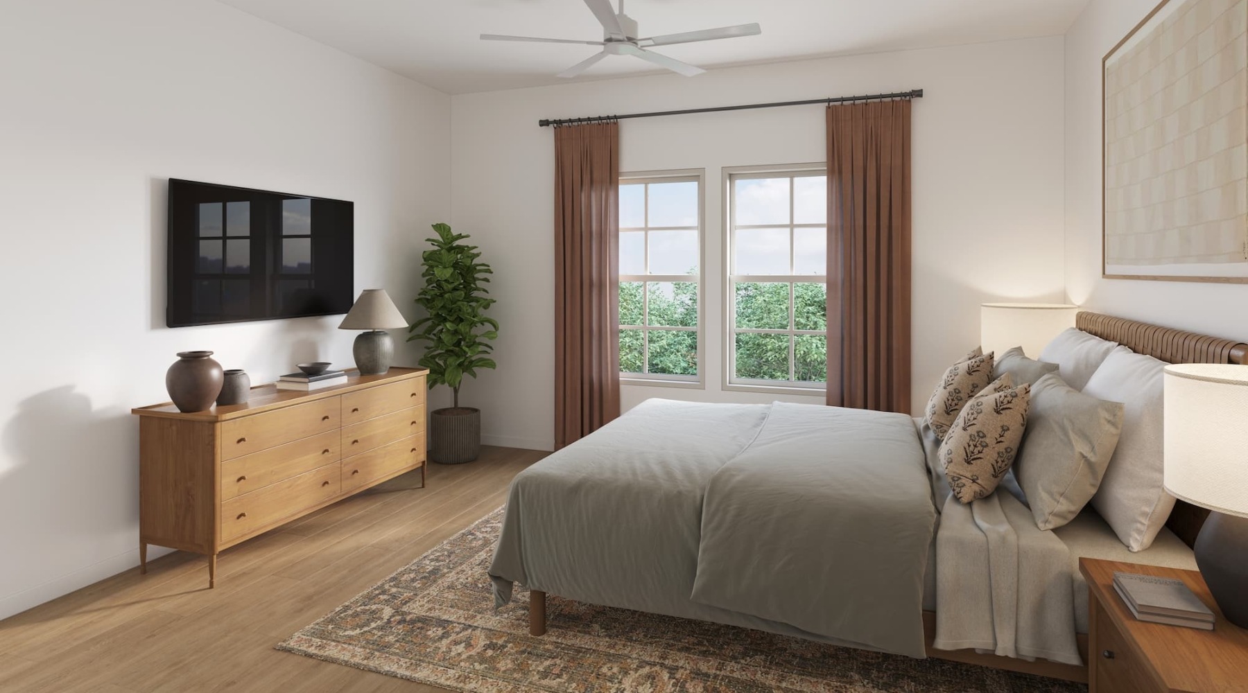 bedroom with a large window and modern decor