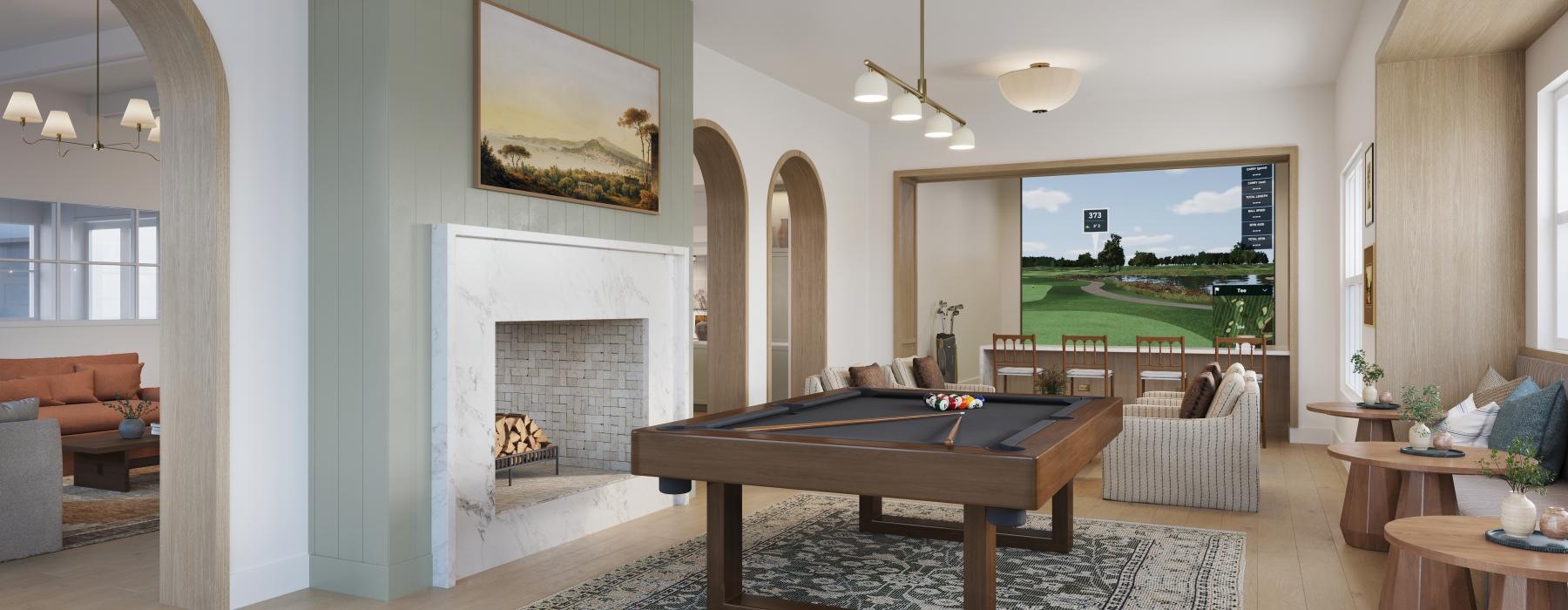 a clubroom with a pool table, tables and chairs
