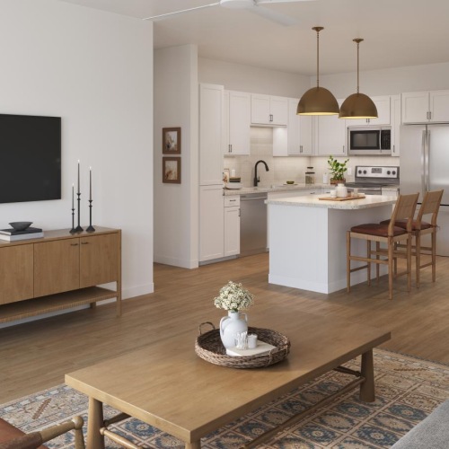a living room with a tv and a table