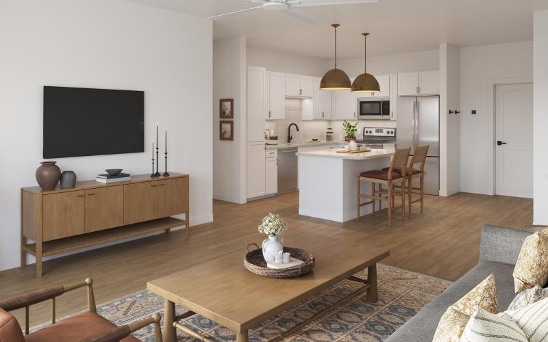 a living room with a tv and a table