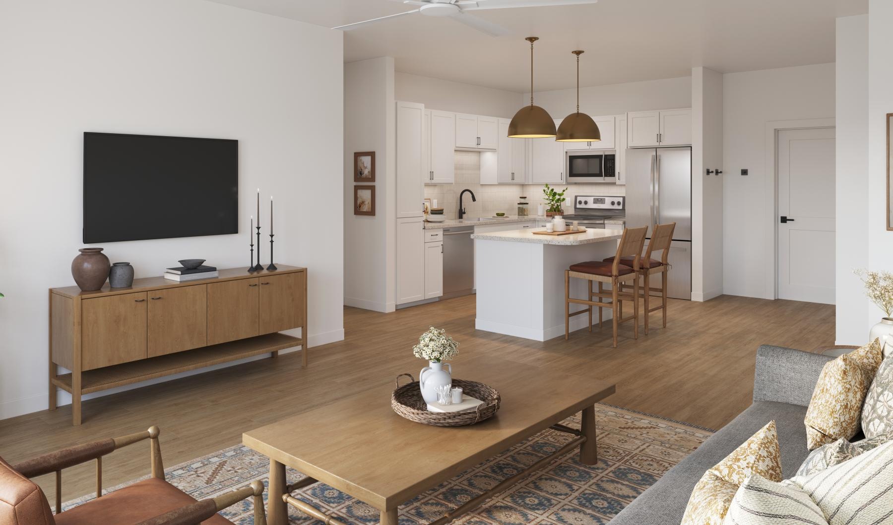 a living room with a tv and a table