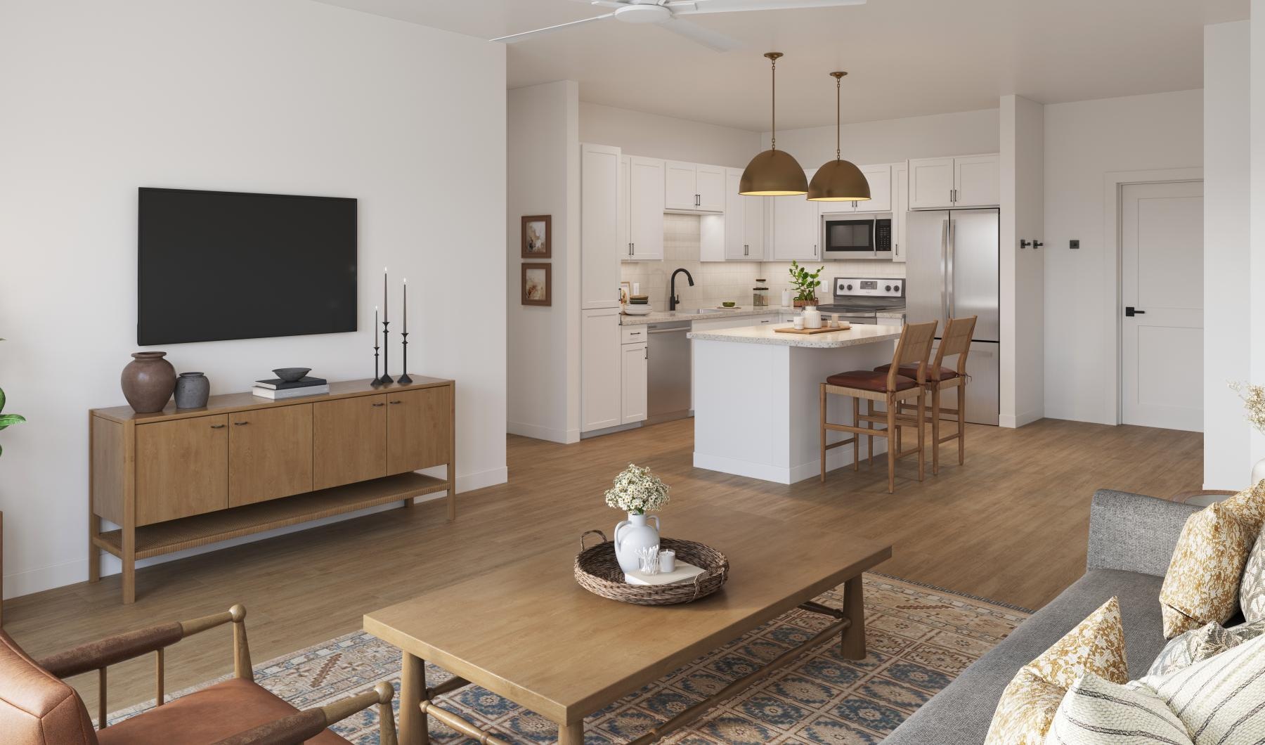 a living room with a tv and a table